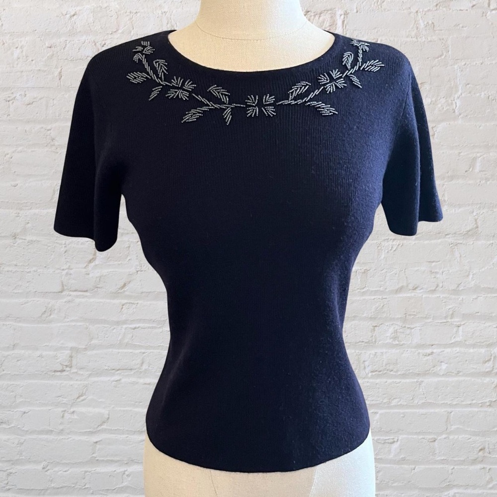 CHAUS short-sleeve black wool and acrylic sweater with beaded details